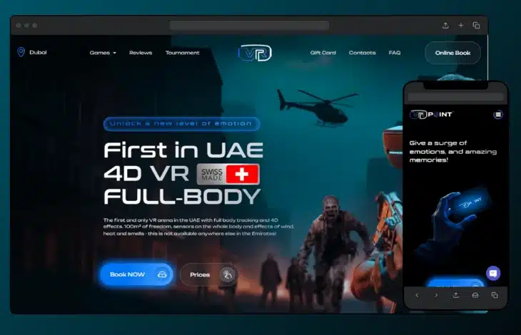 Virtual Reality and Gaming Platform 19 VR Point Dubai homepage featuring immersive 4D virtual reality experiences and booking focused website design by HeyAgency.